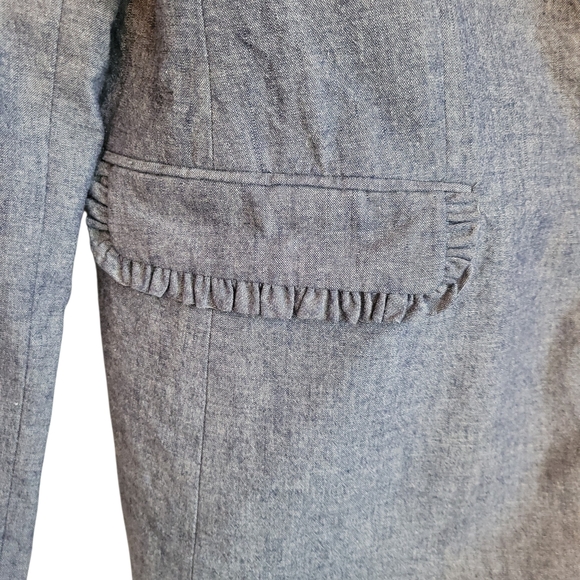 J.Crew Regent Blazer Size 14 Blue 100% Cotton Ruffle Trim Structured Jacket - Picture 7 of 13